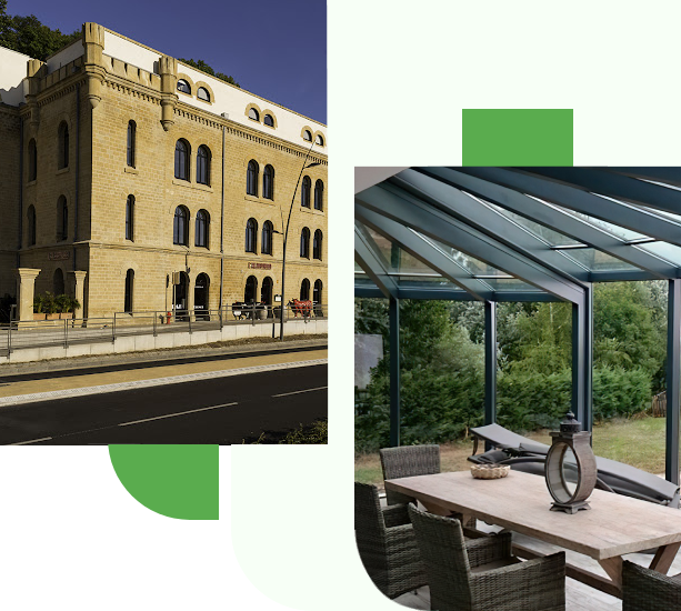 Image représentant deux travaux de lavage de vitres effecutés par BP Service à Metz et dans les alentours. Les vitres sont d'une propreté exceptionnelle.