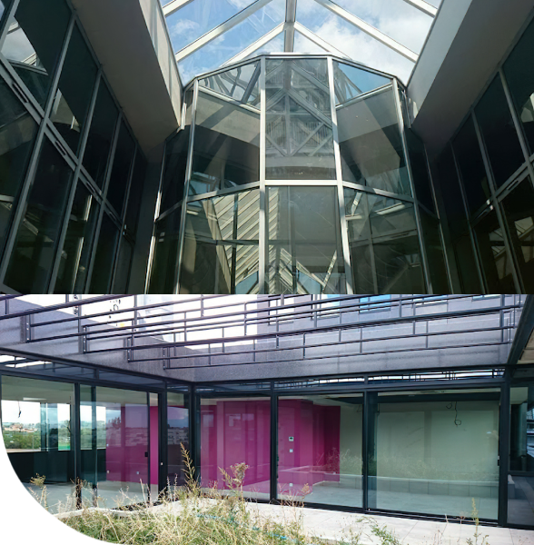 Image représentant deux travaux de lavage de vitres effecutés par BP Service à Metz et dans les alentours. Les vitres sont d'une propreté exceptionnelle.